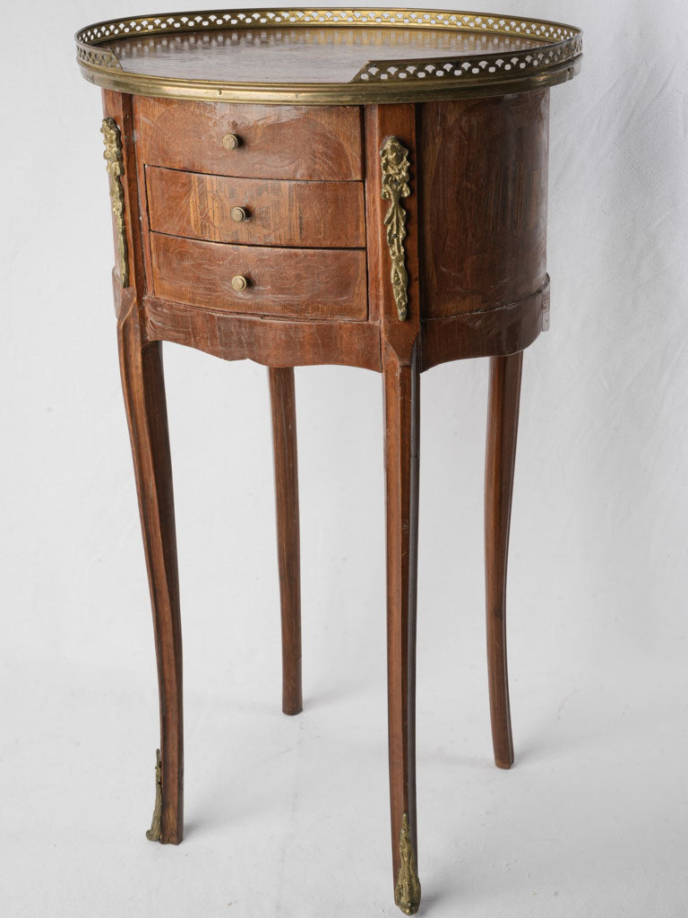 French Belle Époque Oval Bedside Table in Fruitwood Marquetry - 28¾"