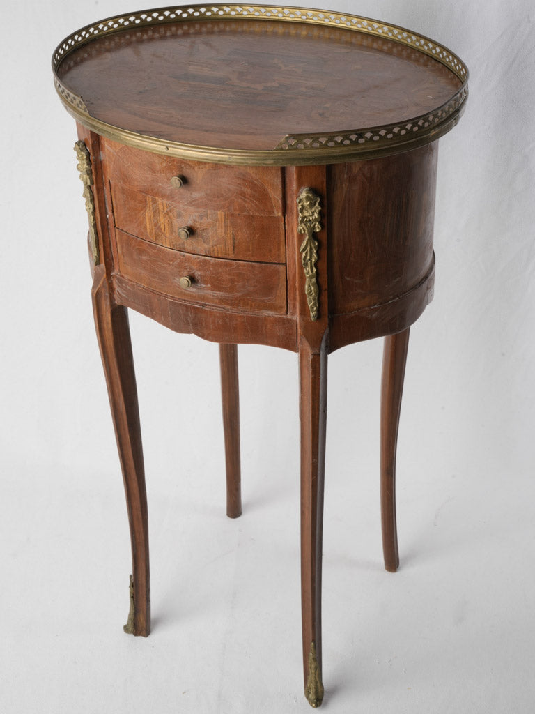 French Belle Époque Oval Bedside Table in Fruitwood Marquetry - 28¾"