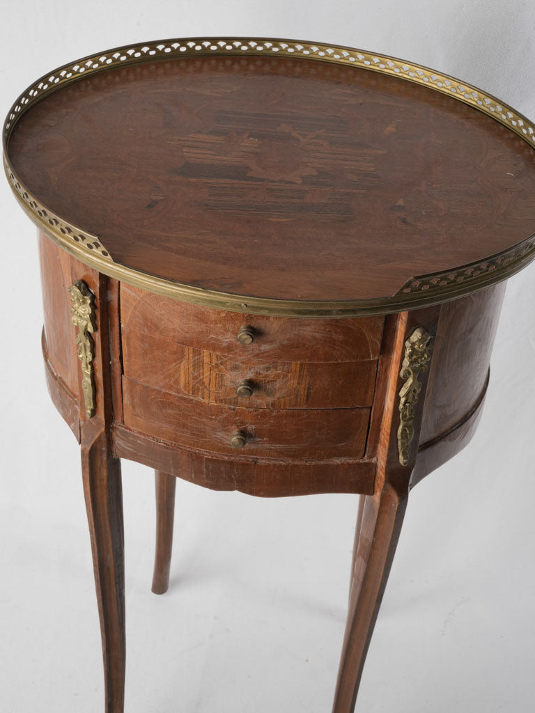 French Belle Époque Oval Bedside Table in Fruitwood Marquetry - 28¾"