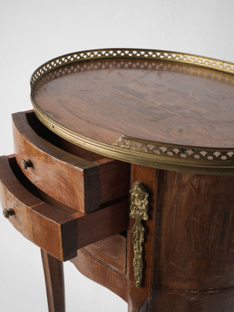 French Belle Époque Oval Bedside Table in Fruitwood Marquetry - 28¾"