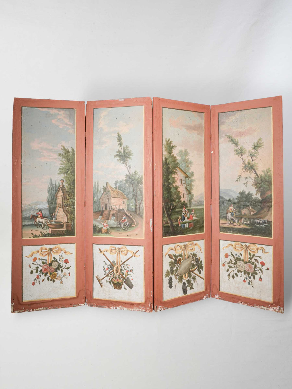 Late 18th-Century French Four-Panel Screen w/ Water-Themed Pastoral Scenes - 77¼" x 102¼"