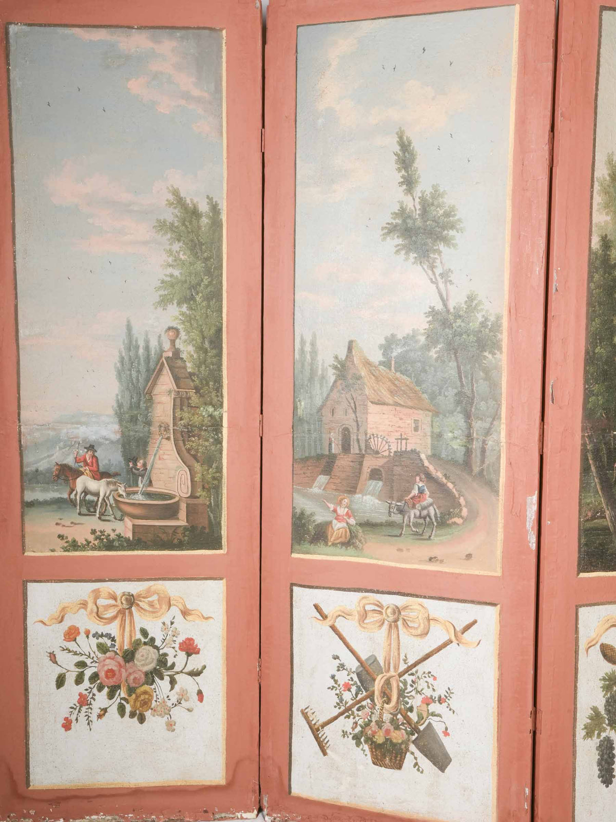 Late 18th-Century French Four-Panel Screen w/ Water-Themed Pastoral Scenes - 77¼" x 102¼"