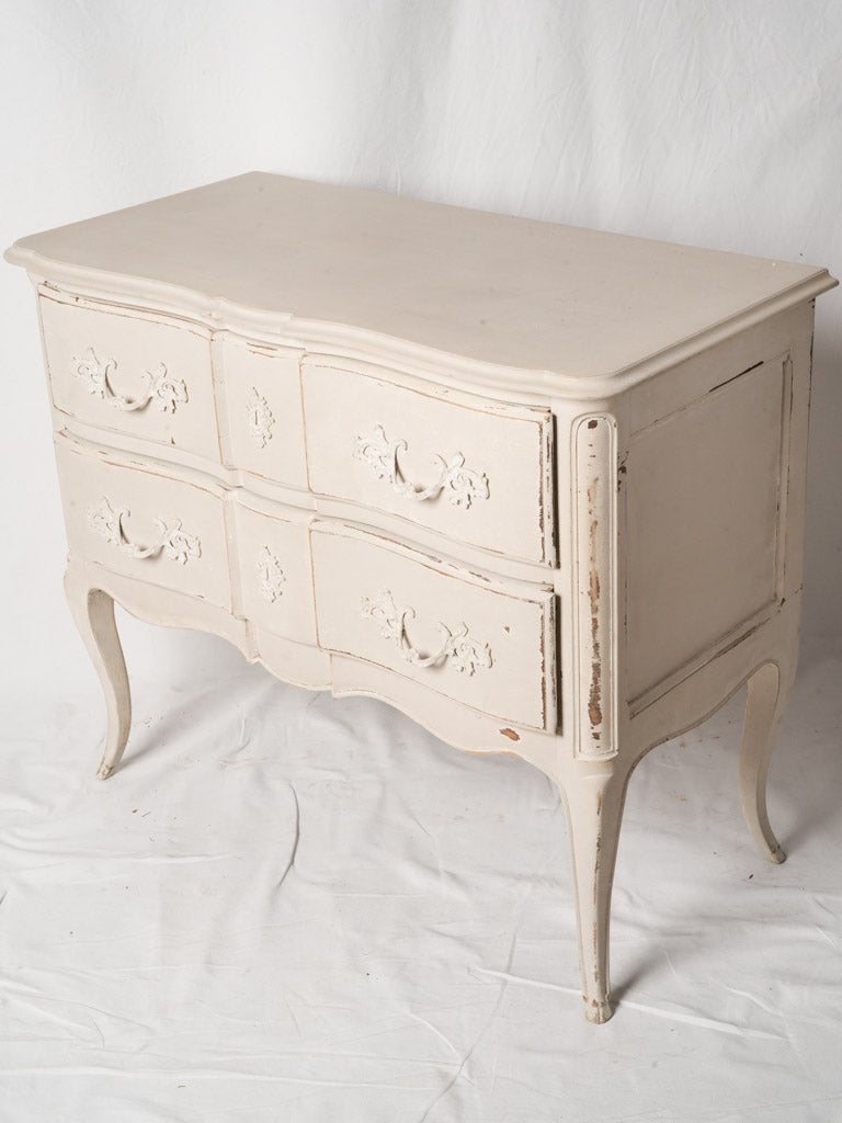 Romantic French Louis XV Style Commode in Distressed Pale Grey Finish