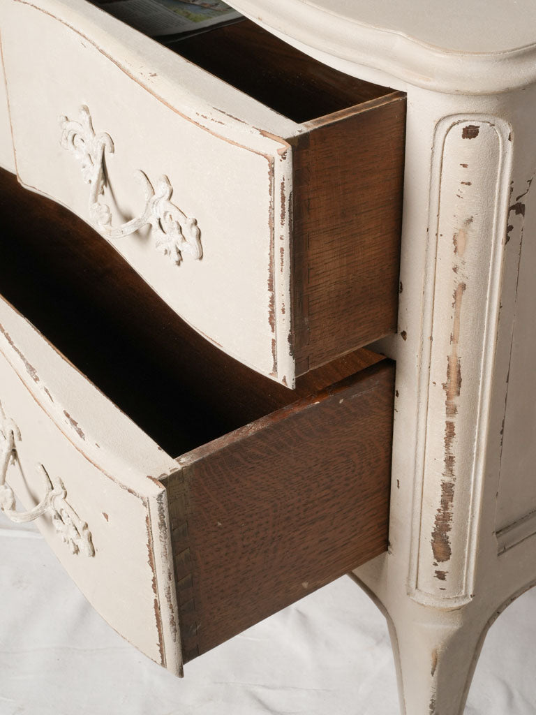 Romantic French Louis XV Style Commode in Distressed Pale Grey Finish