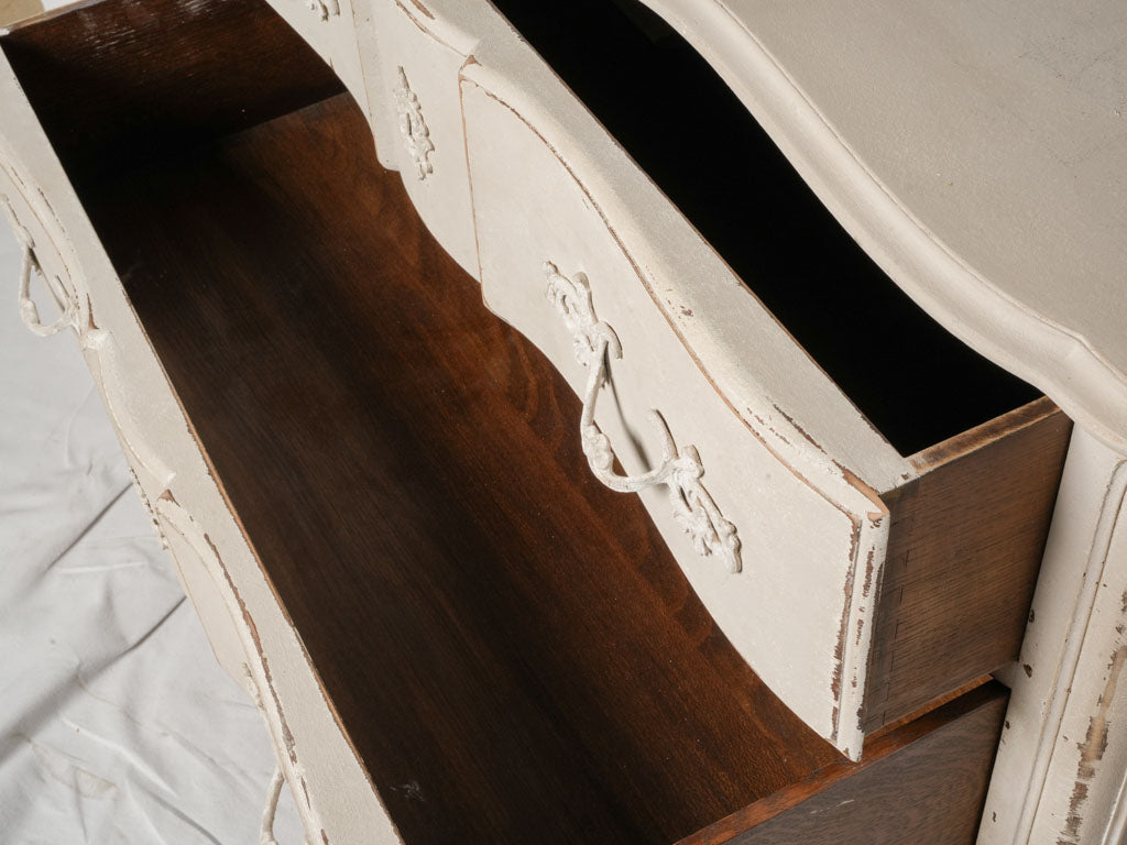 Romantic French Louis XV Style Commode in Distressed Pale Grey Finish