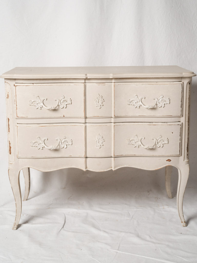 Romantic French Louis XV Style Commode in Distressed Pale Grey Finish