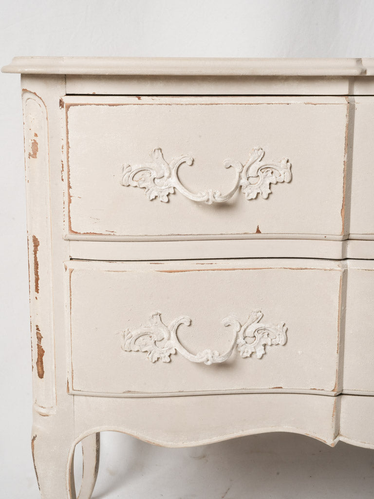 Romantic French Louis XV Style Commode in Distressed Pale Grey Finish