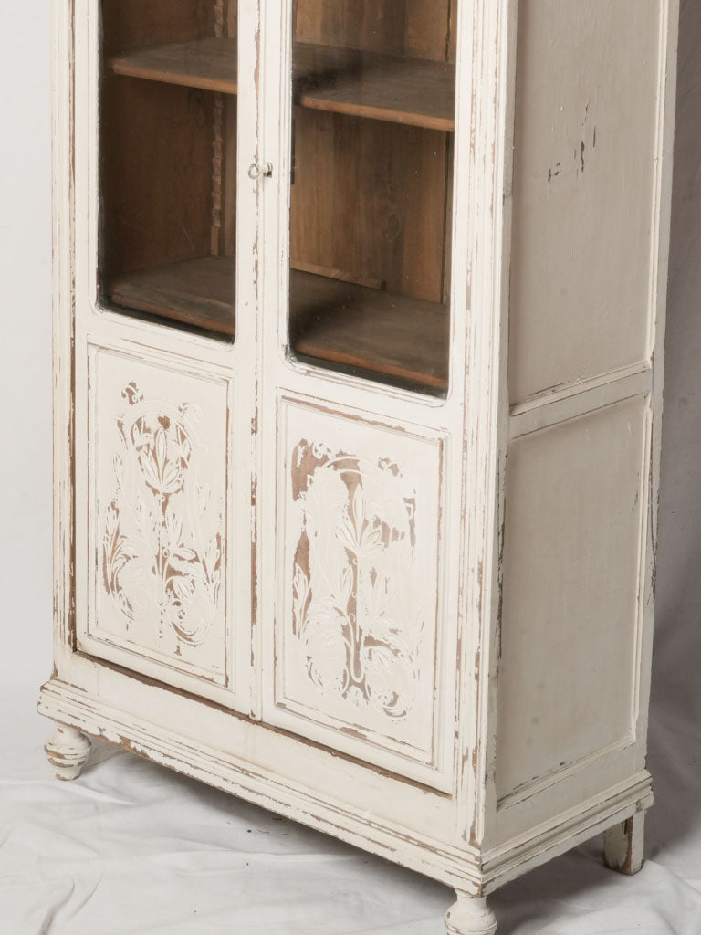 Petite French Painted Display Cabinet with Carved Panels c. 1930 - 74¾"