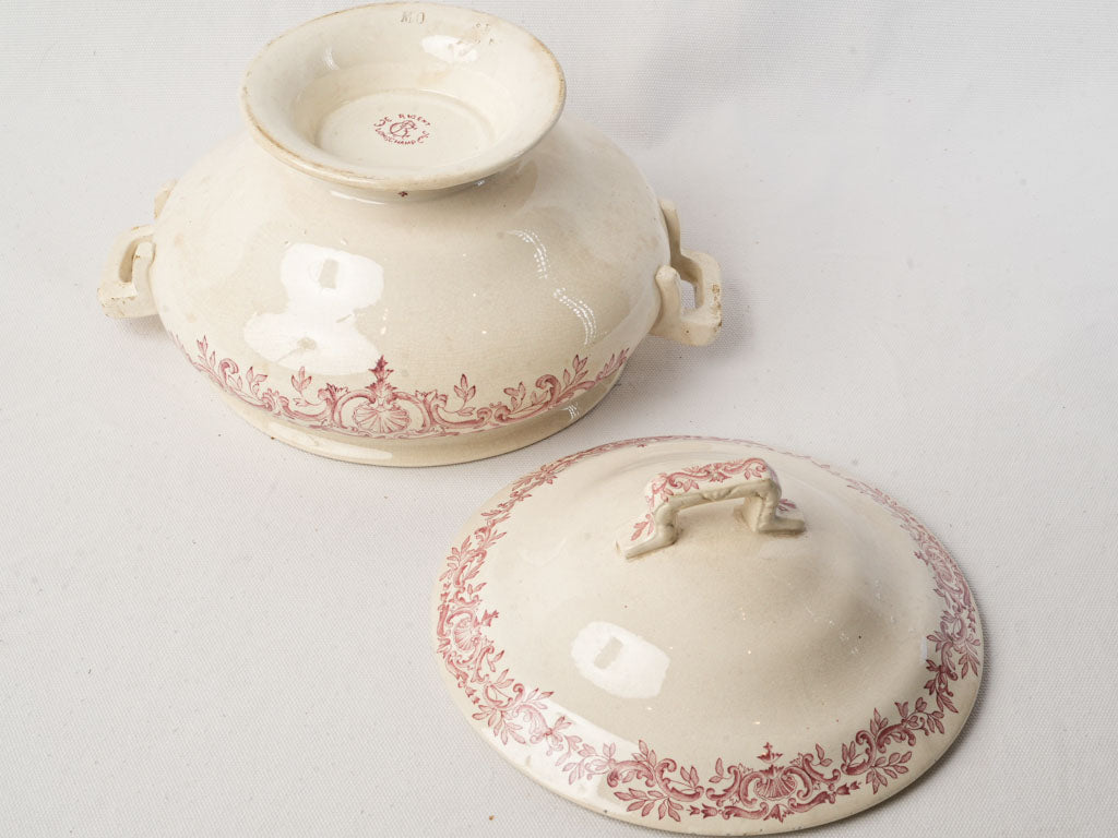 Antique French Ironstone Soup Tureen By Longchamp w/ Pink Foliage Decor