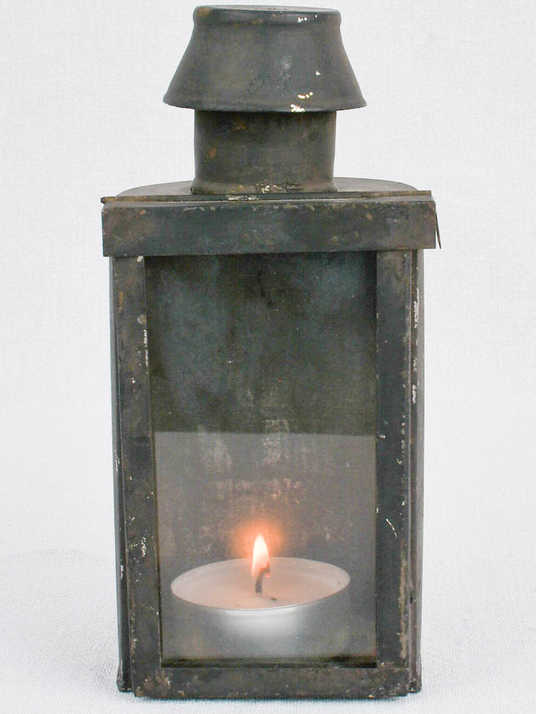 Antique French candle lantern with black patina and carry handle 8¼"