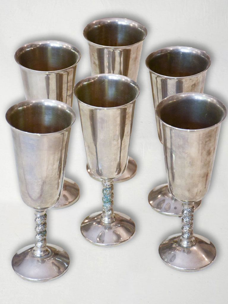 Six vintage pewter champagne glasses