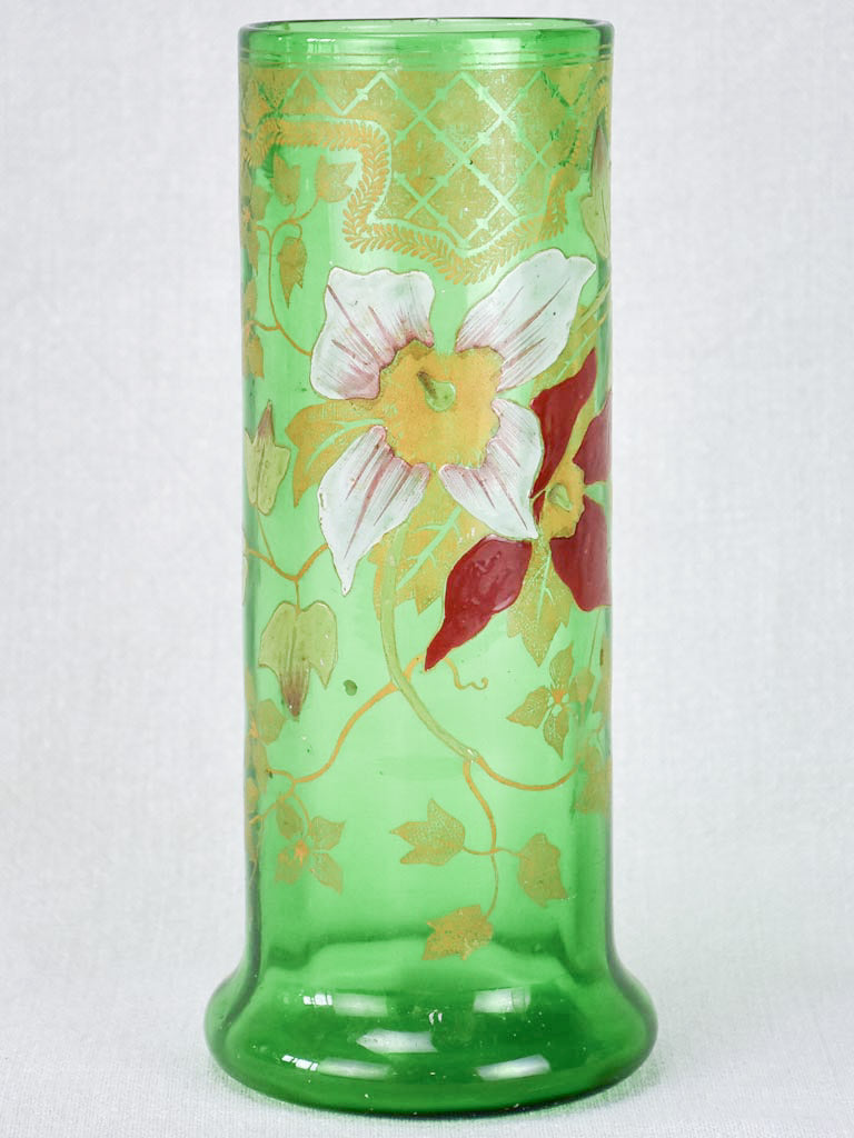 Early twentieth century hand painted green glass vase 10¼"