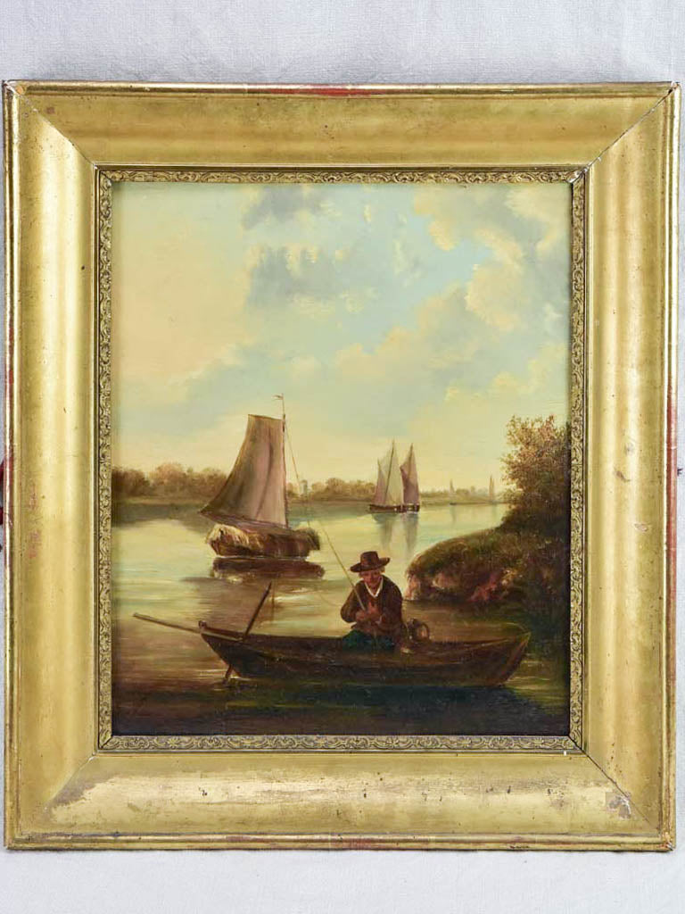 19th Century Dutch painting with sailboats. Oil on wood 23¾" x 20½"