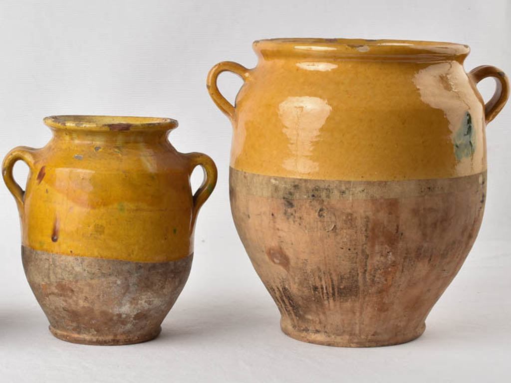 2 antique French confit pots w/ green splashes " - 8¾" & 11¾"