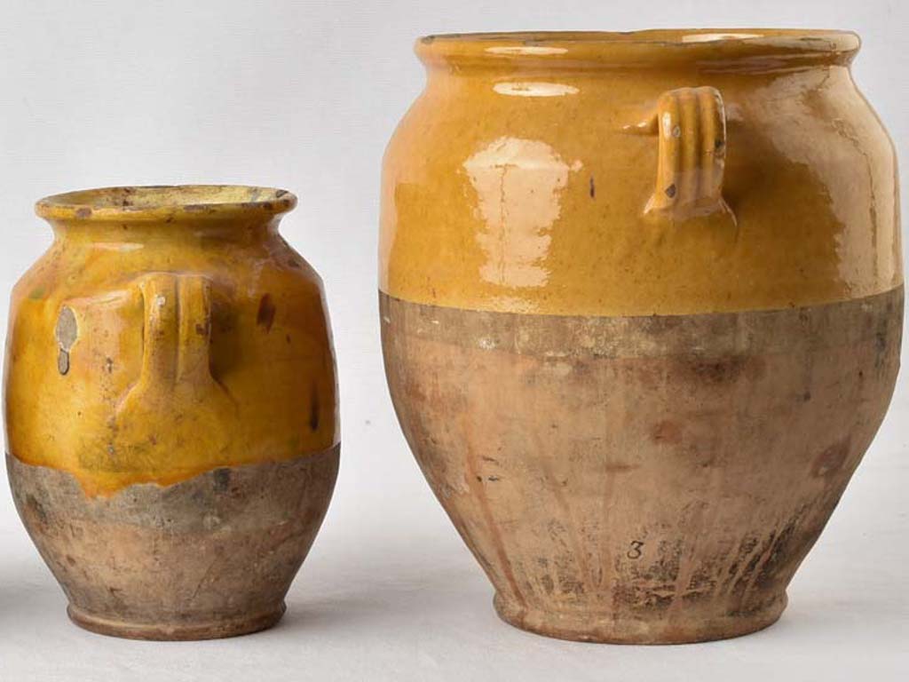 2 antique French confit pots w/ green splashes " - 8¾" & 11¾"