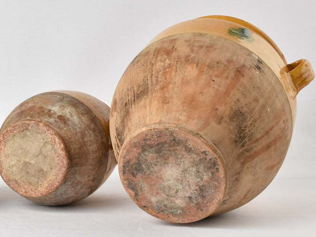 2 antique French confit pots w/ green splashes " - 8¾" & 11¾"
