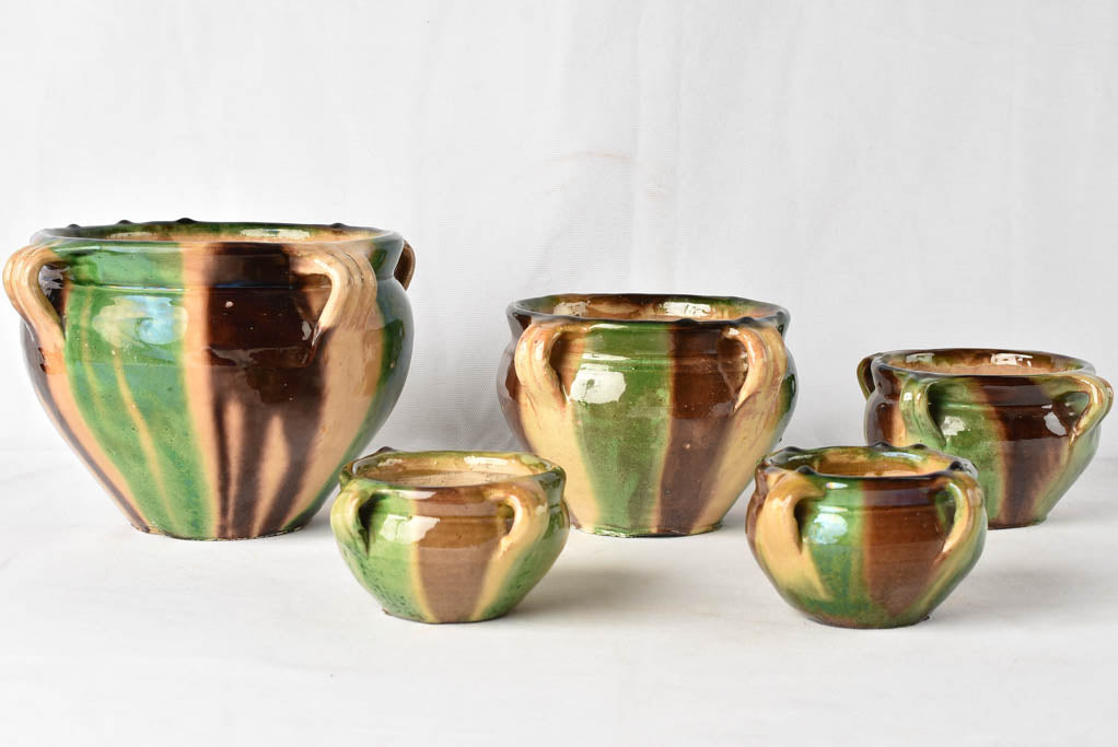 Attractive green brown yellow glaze cachepots