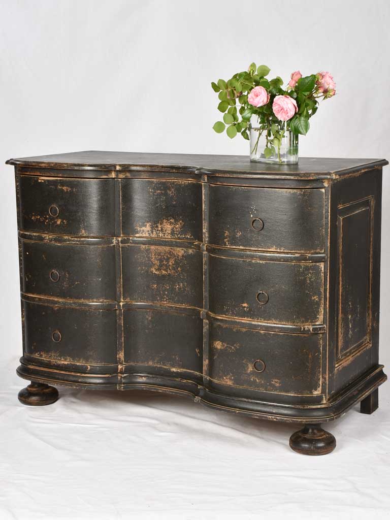 Gustavian 3 drawer double arbalette commode w/ black patina 65¼"