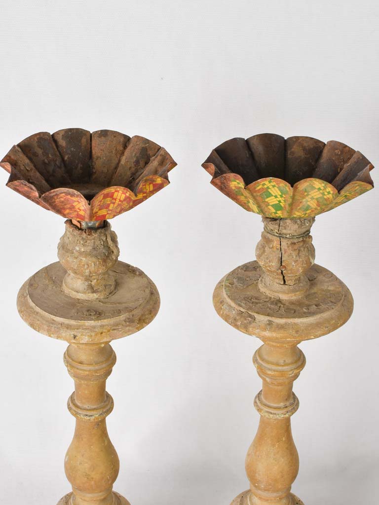 4 rustic wooden candlesticks w/ tole 17¼"