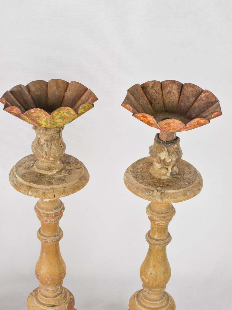4 rustic wooden candlesticks w/ tole 17¼"