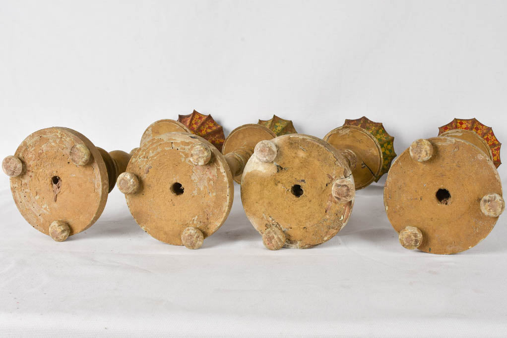 4 rustic wooden candlesticks w/ tole 17¼"