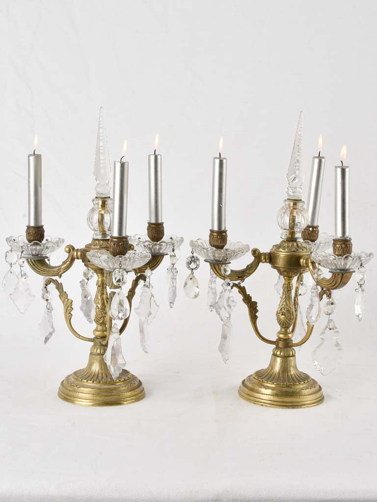 Antique Girandole Bronze Candlesticks with Crystals