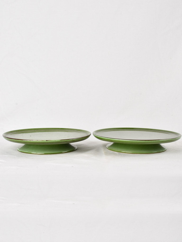 2 green glazed cake stands 11½"