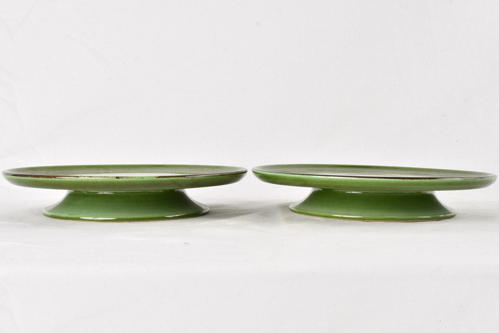 2 green glazed cake stands 11½"
