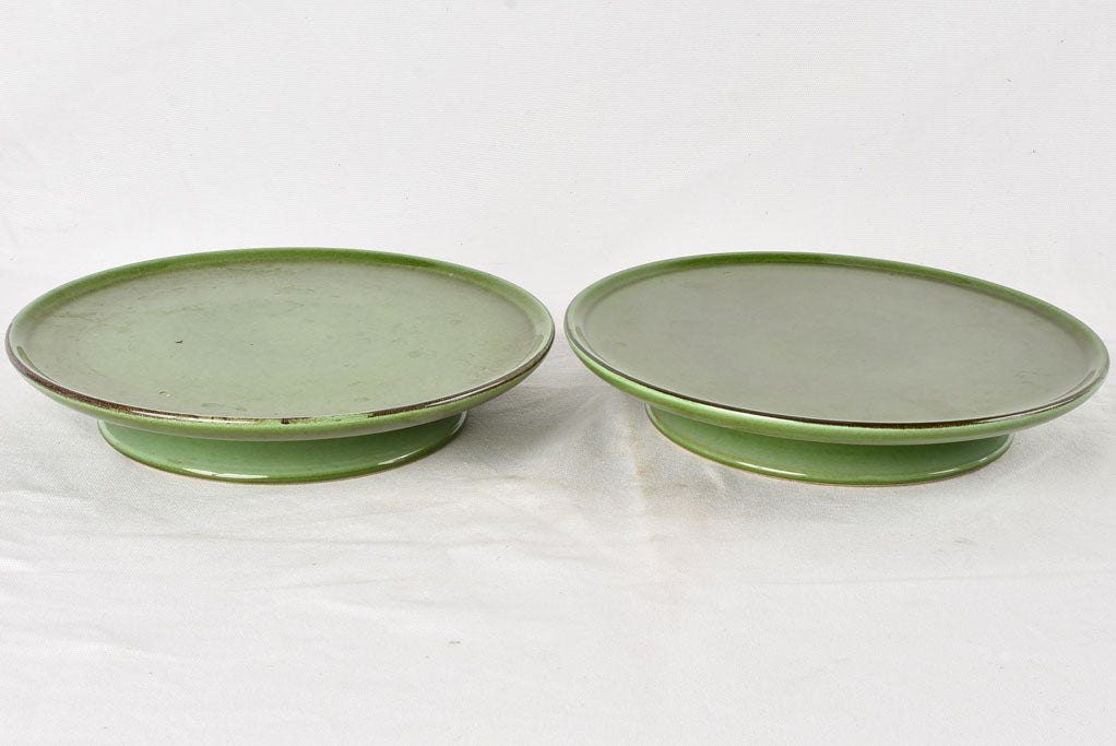 2 green glazed cake stands 11½"