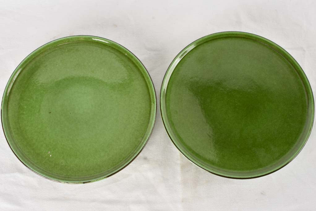 2 green glazed cake stands 11½"
