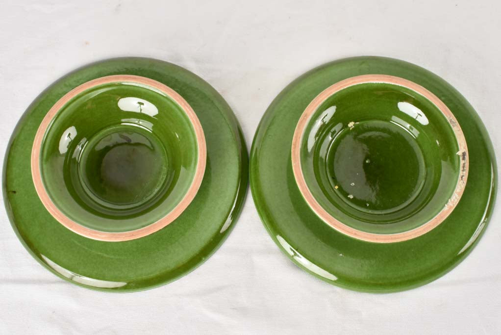 2 green glazed cake stands 11½"