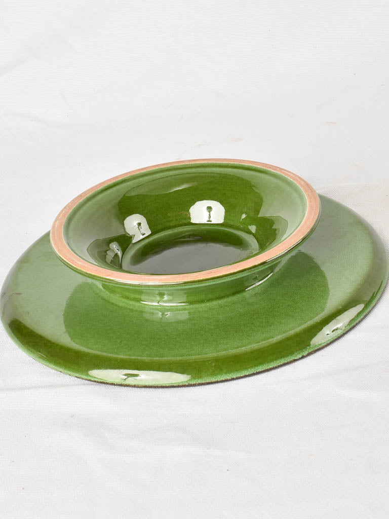 2 green glazed cake stands 11½"