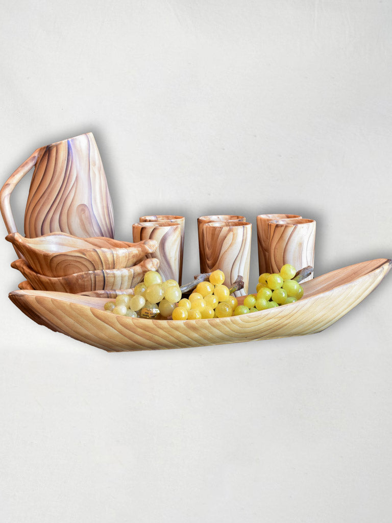 Set of vintage Vallauris ceramic cups, pitcher and bowls- wooden effect