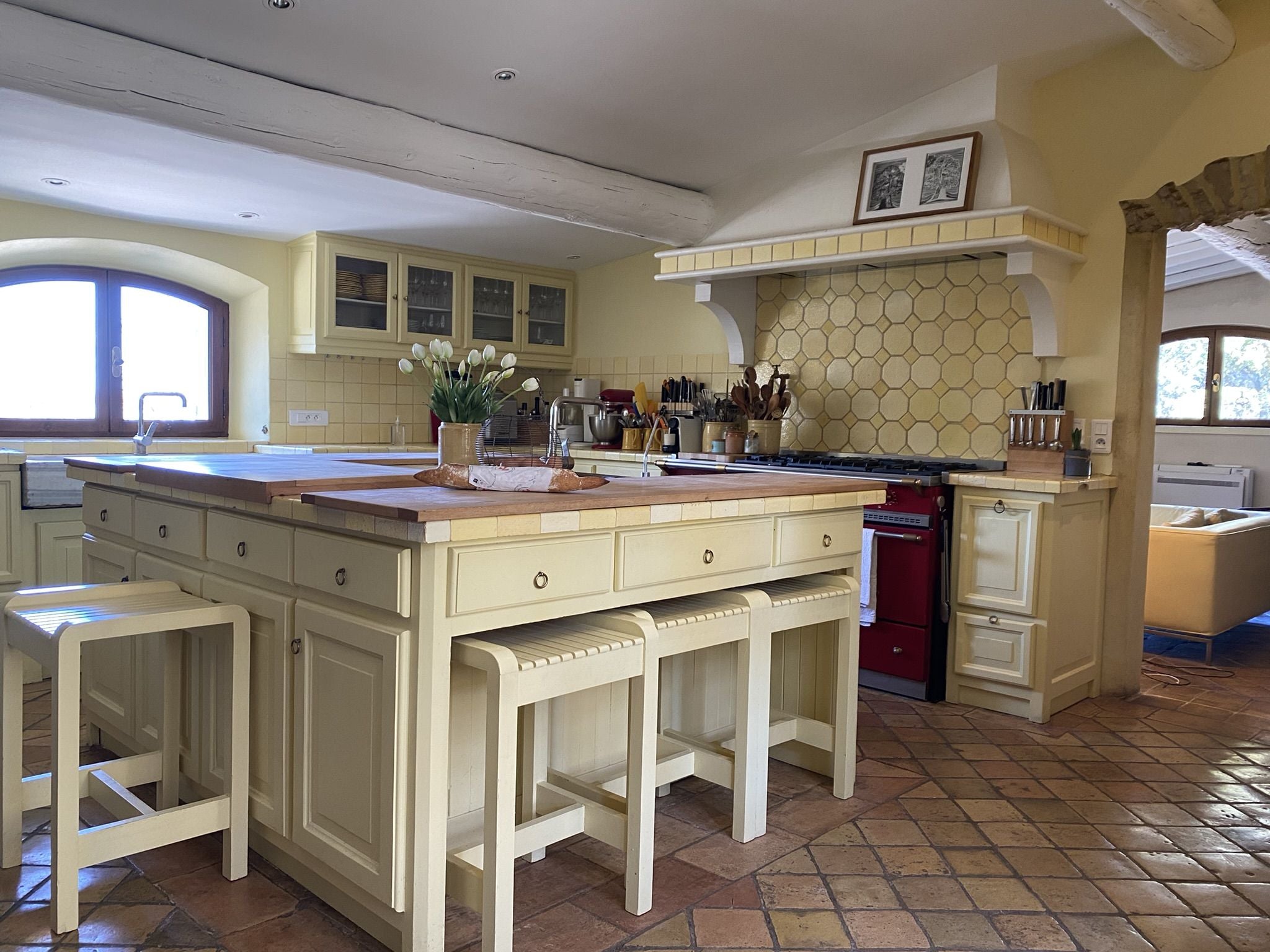 Set of Four Custom Provençal Yellow Wooden Bar Stools