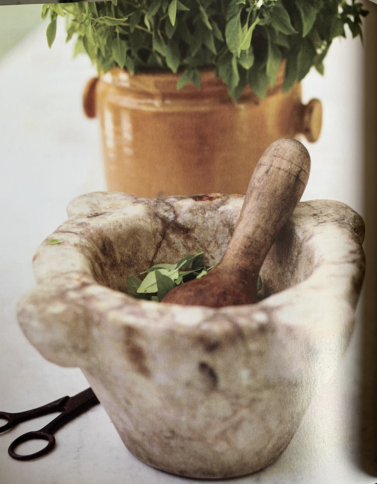 Antique marble mortar w/ 3 pestles & stone