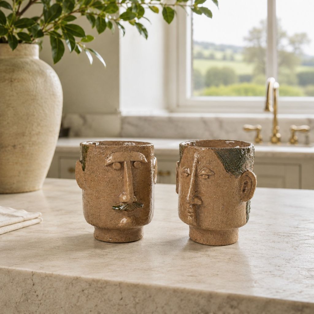 "Mr. & Mrs." Pair of Figural Stoneware Cups by Julie Desert Armanville - 4¾"