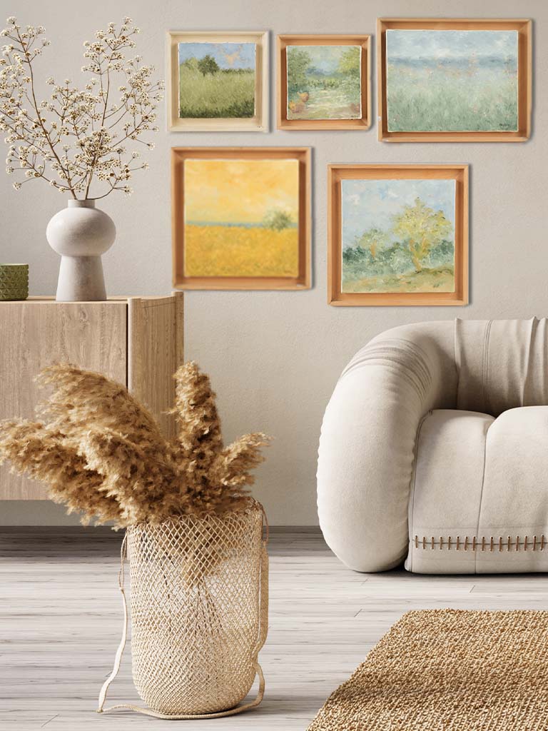 Contemporary landscape painting by Karibou - "La petite marche” 10 ¼” x 10 ¼”