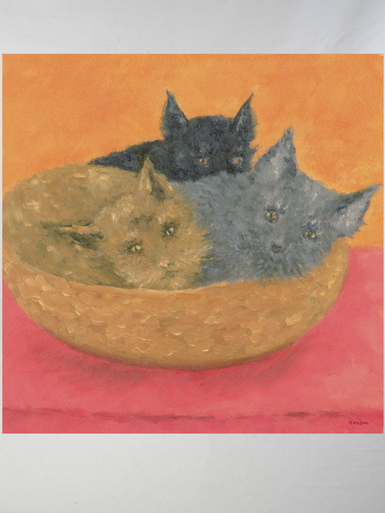 Small Contemporary Painting By Karibou - Le Panier aux Chats - 14¼" x 14¼"