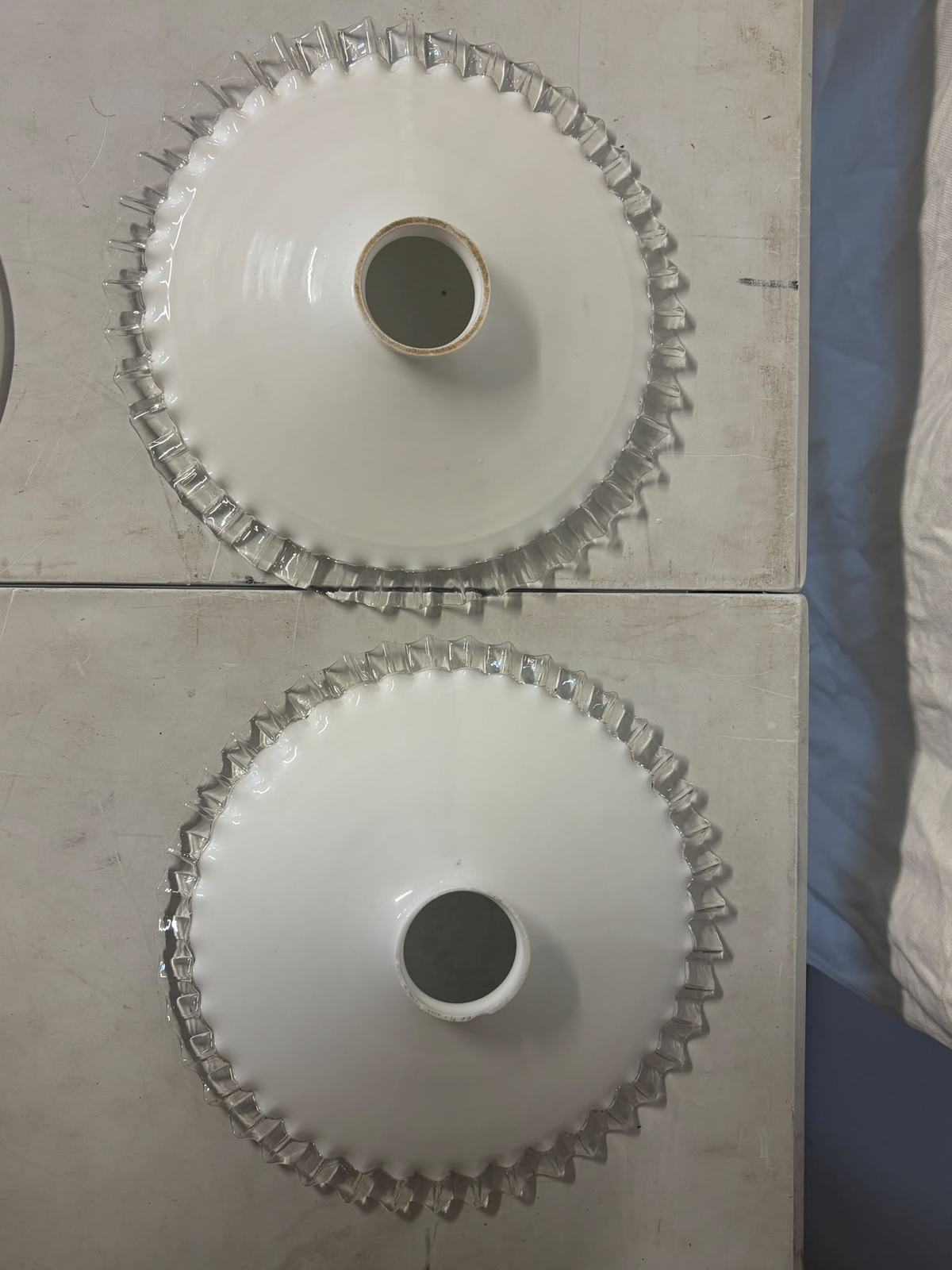 Pair of French Opaline Pendant Lights w/ Clear Ruffled Edge c. 1950 - 26.5cm