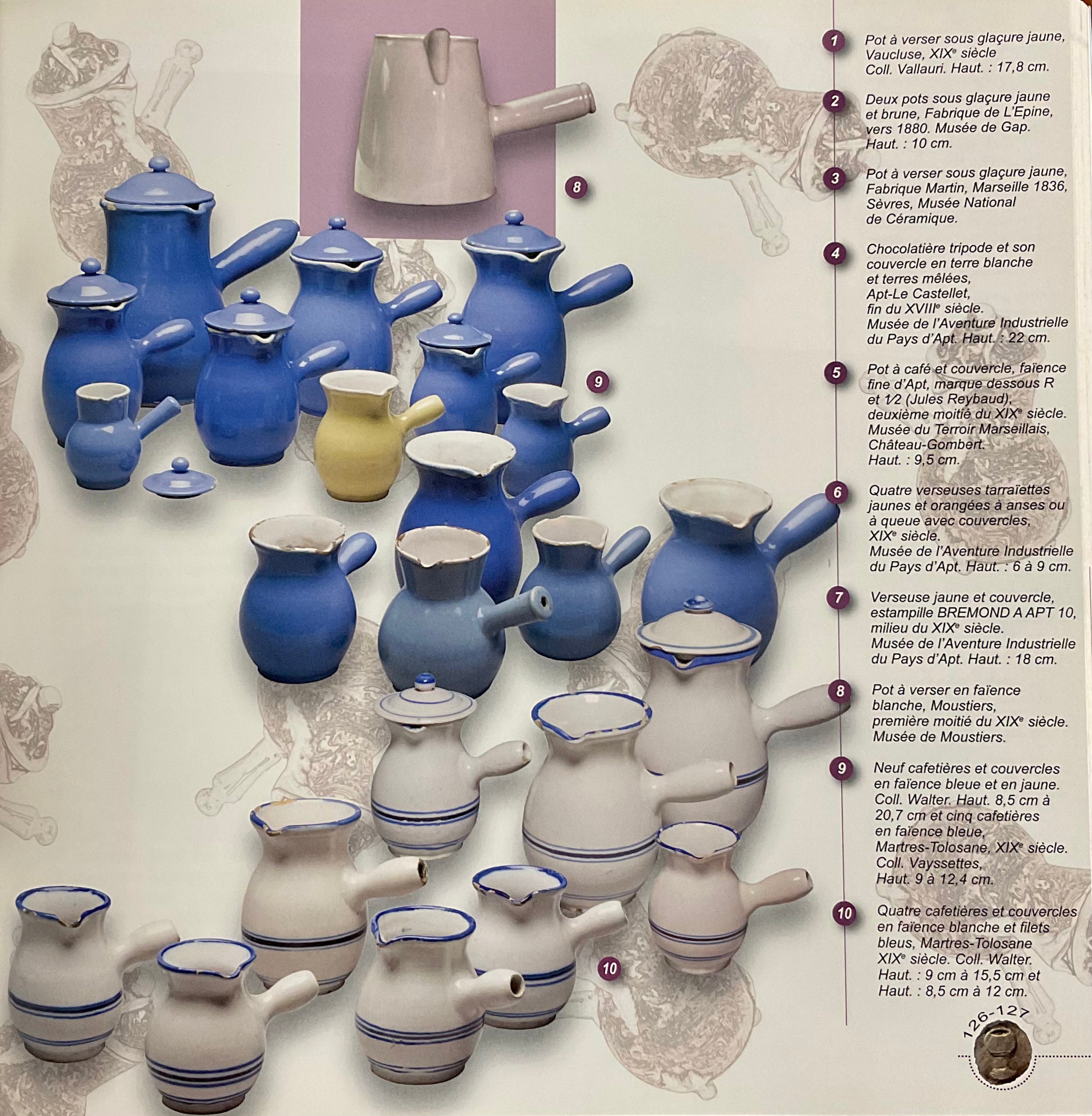 Collection of eight 19th-century white pots with blue stripes from Sète