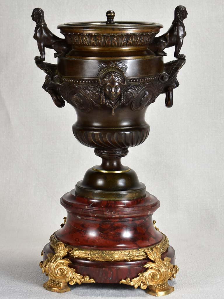 Rare gilt bronze and marble oil lamp with lion's heads and sphinx - early 19th century 15"