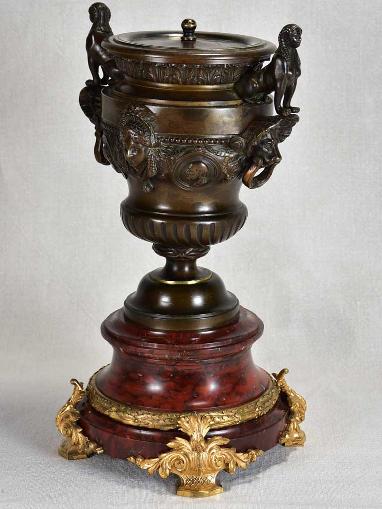 Rare gilt bronze and marble oil lamp with lion's heads and sphinx - early 19th century 15"