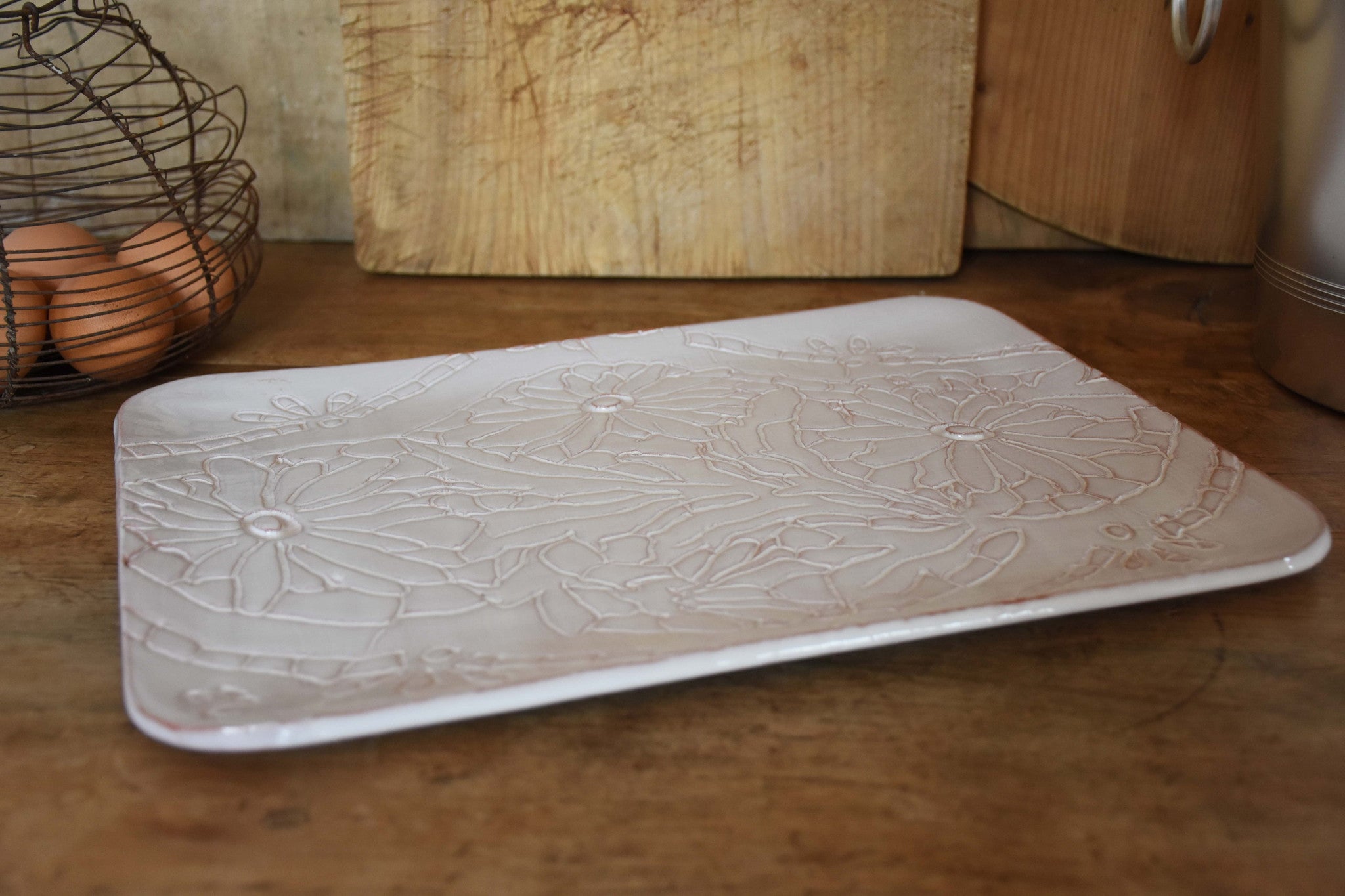 Elegant handmade rectangular floral-patterned platter