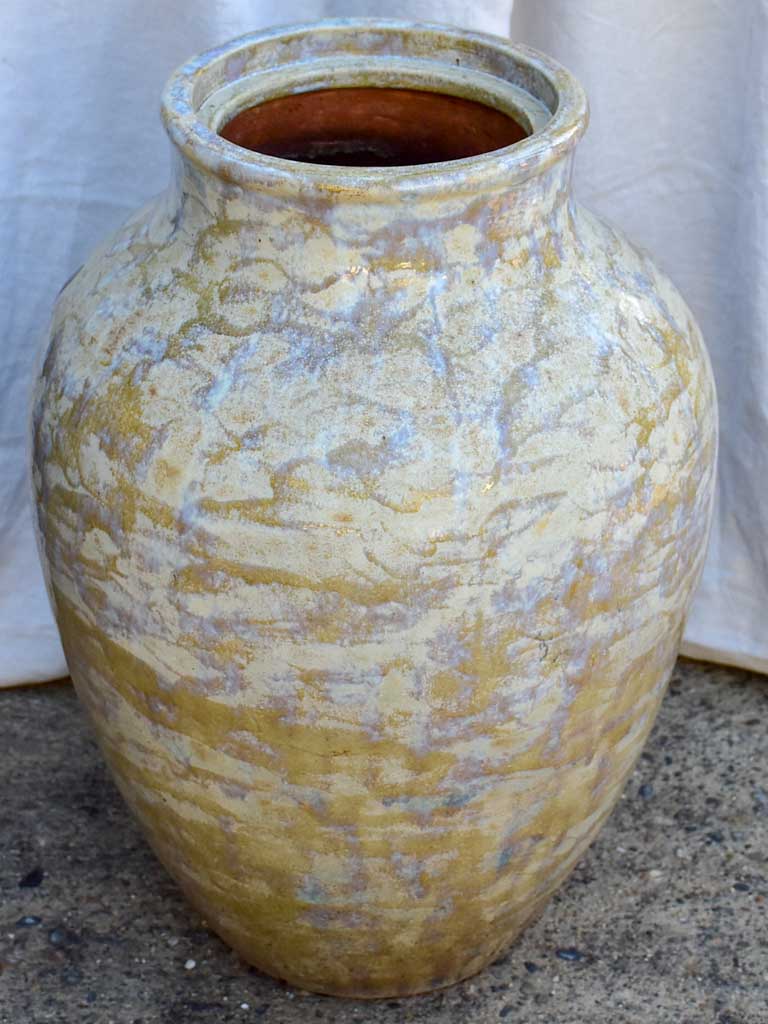 Large mid century terracotta pot with blue / brown / beige glaze 29¼"