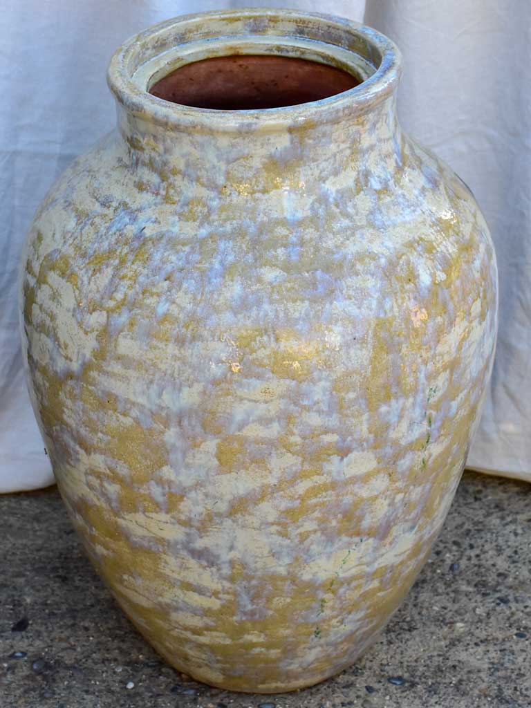 Large mid century terracotta pot with blue / brown / beige glaze 29¼"