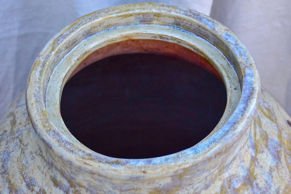 Large mid century terracotta pot with blue / brown / beige glaze 29¼"