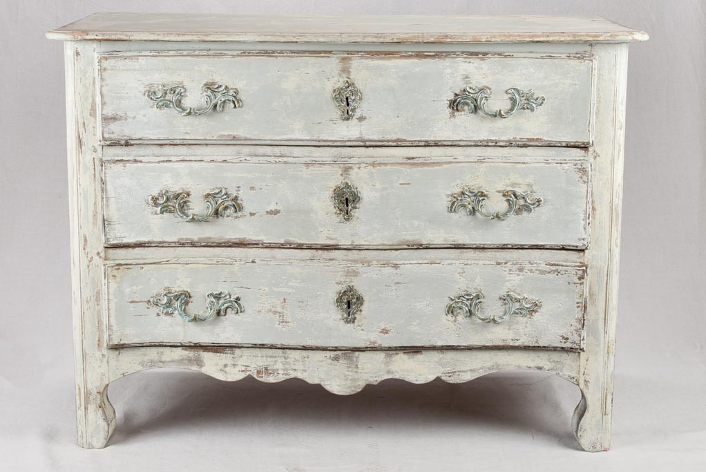 Regional 3 drawer commode, 19th century, distressed pale blue patina 47¾""