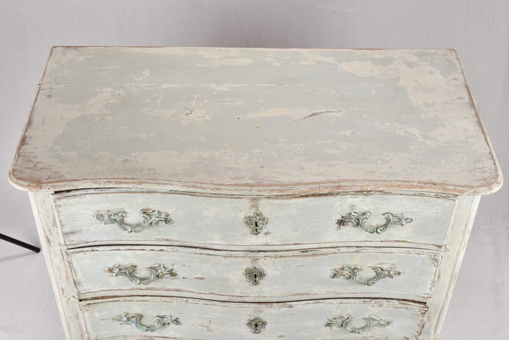 Regional 3 drawer commode, 19th century, distressed pale blue patina 47¾""