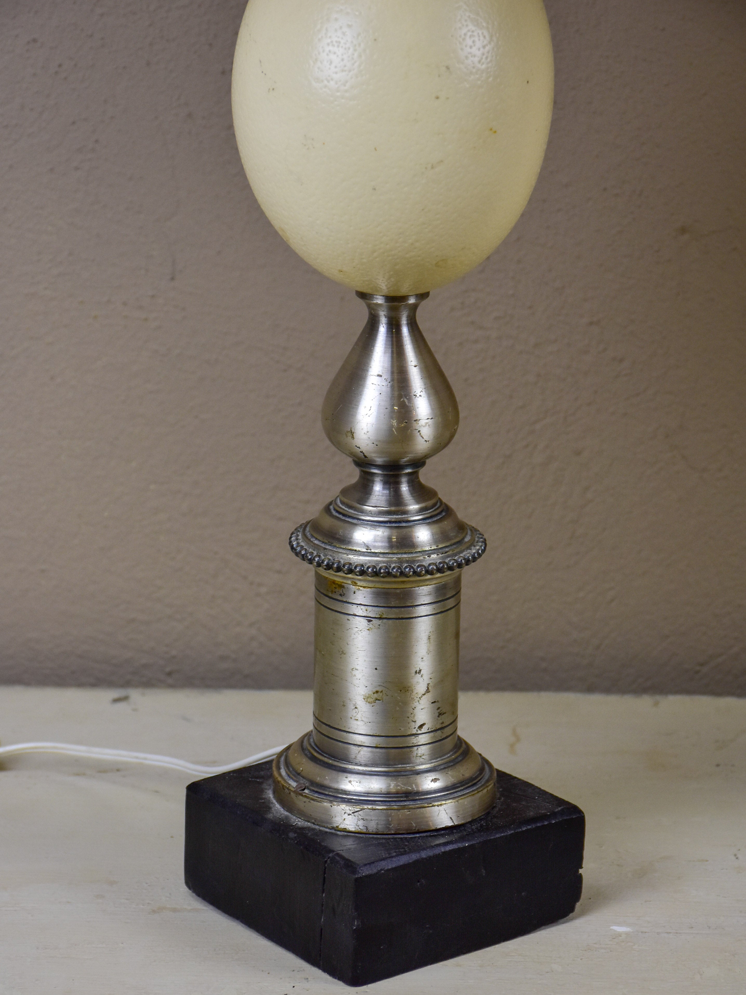 Pair of ostrich egg lamps with square lampshades