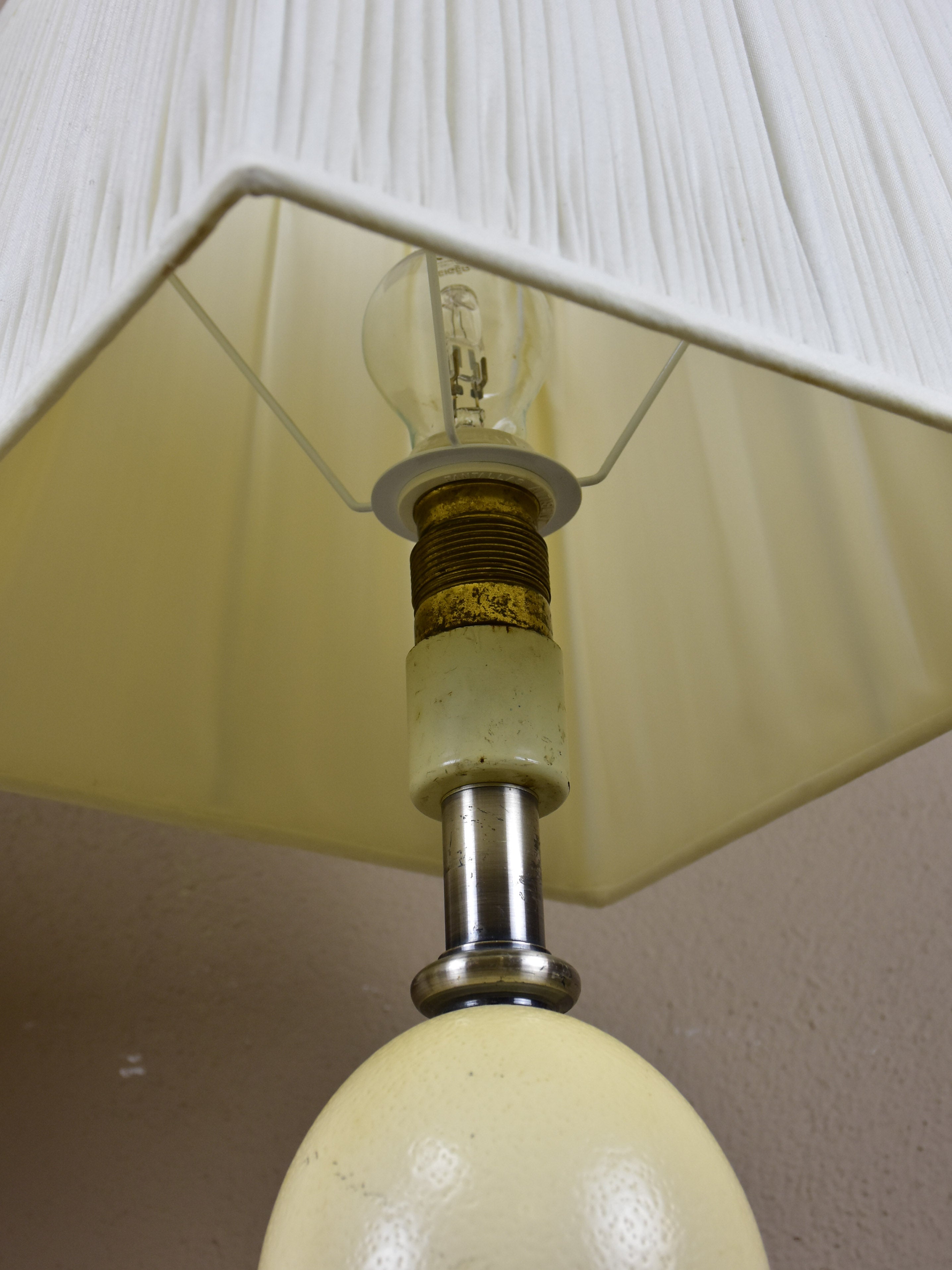 Pair of ostrich egg lamps with square lampshades
